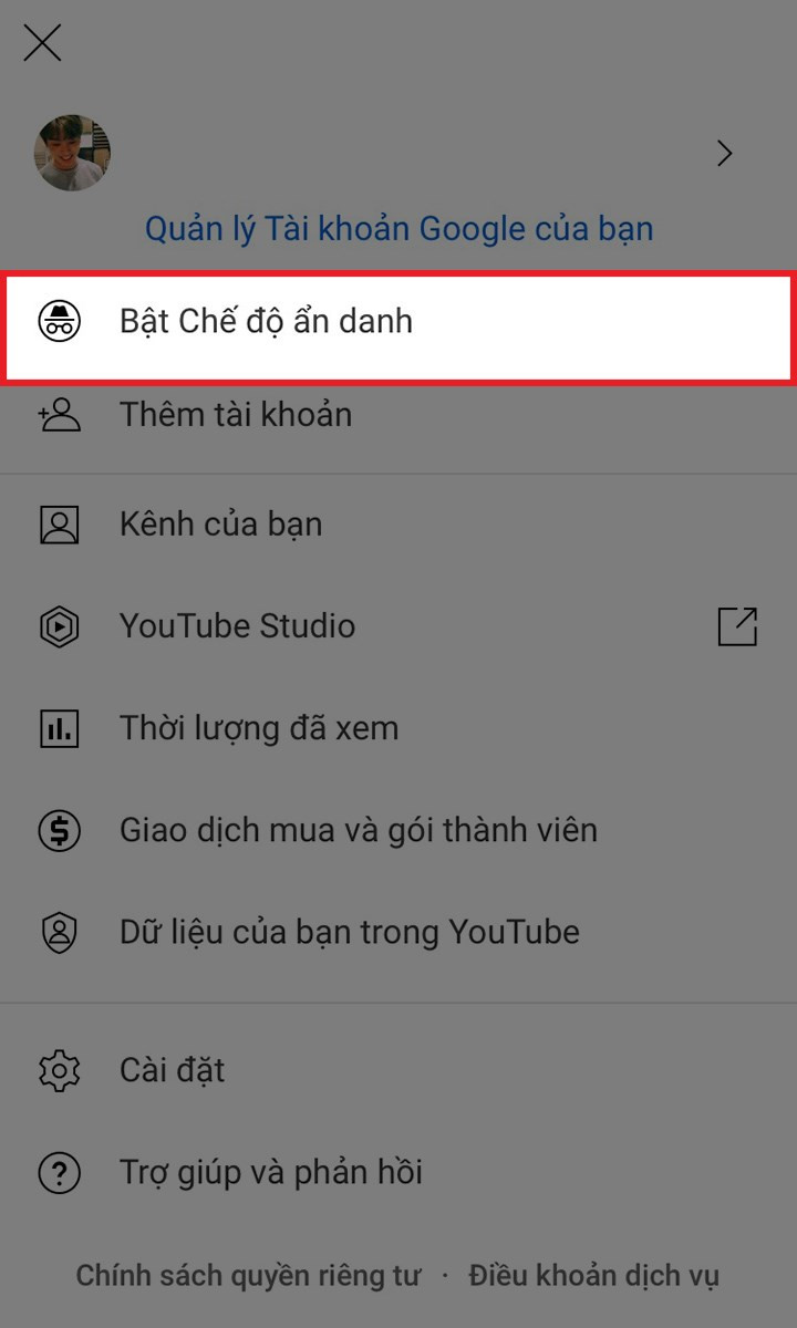 Nhấn Bật chế độ ẩn danh