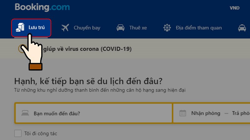 Nhấn chọn Lưu trú trên giao diện website