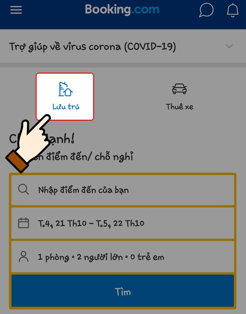 Nhấn chọn Lưu trú trên ứng dụng Booking.com