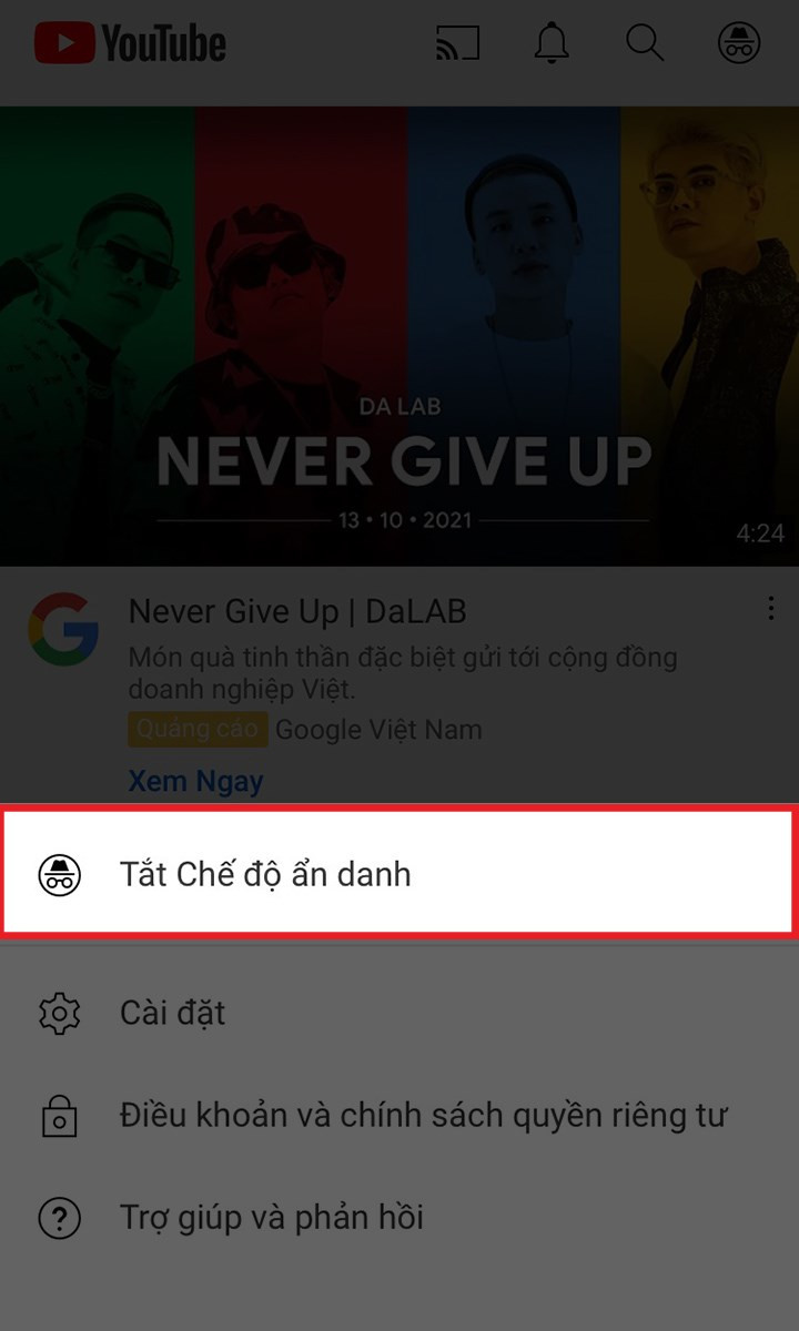 Nhấn Tắt chế độ ẩn danh