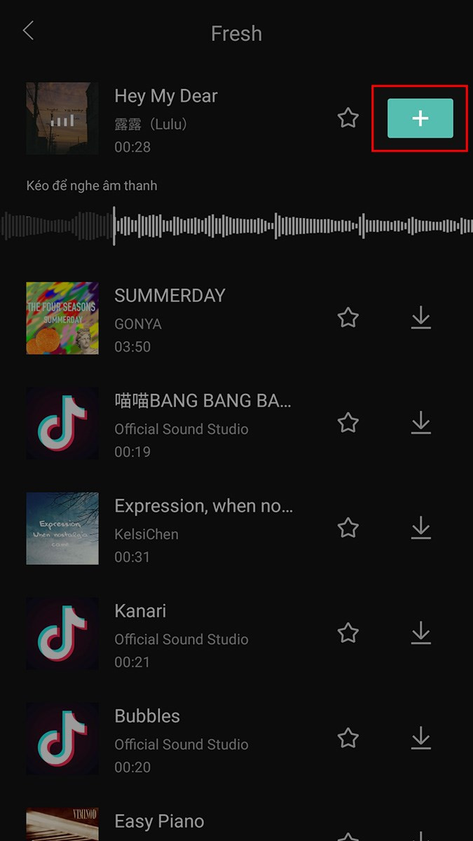 Nhấn vào biểu tượng dấu cộng để thêm nhạc vào ảnh trên Capcut