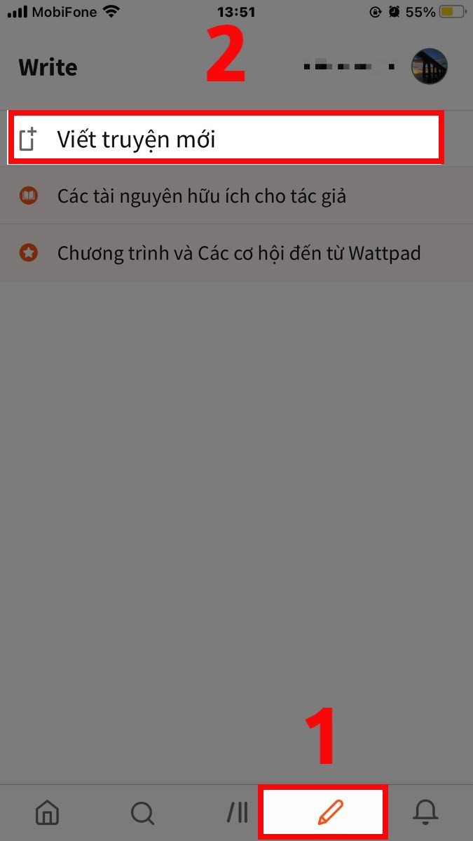 Nhấn vào biểu tượng hình cây viết và chọn mục Viết truyện mới