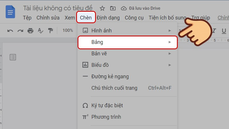 Nhấn vào Chèn (Insert) và chọn Bảng (Table)