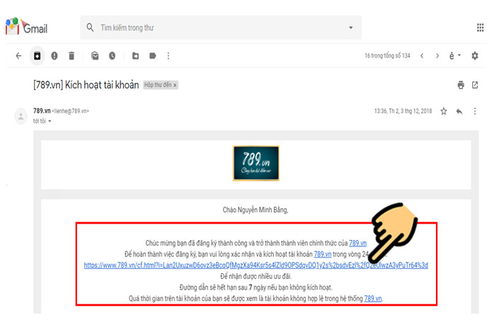 Nhấn vào đường link để xác thực tài khoản
