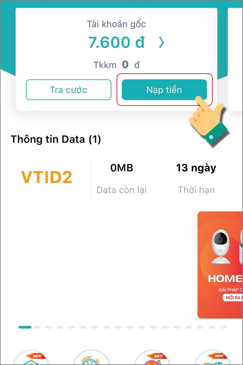 Nhấn vào nạp tiền