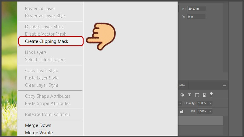 Nhấp chuột trái vào layer hình và chọn Create Clipping Mask