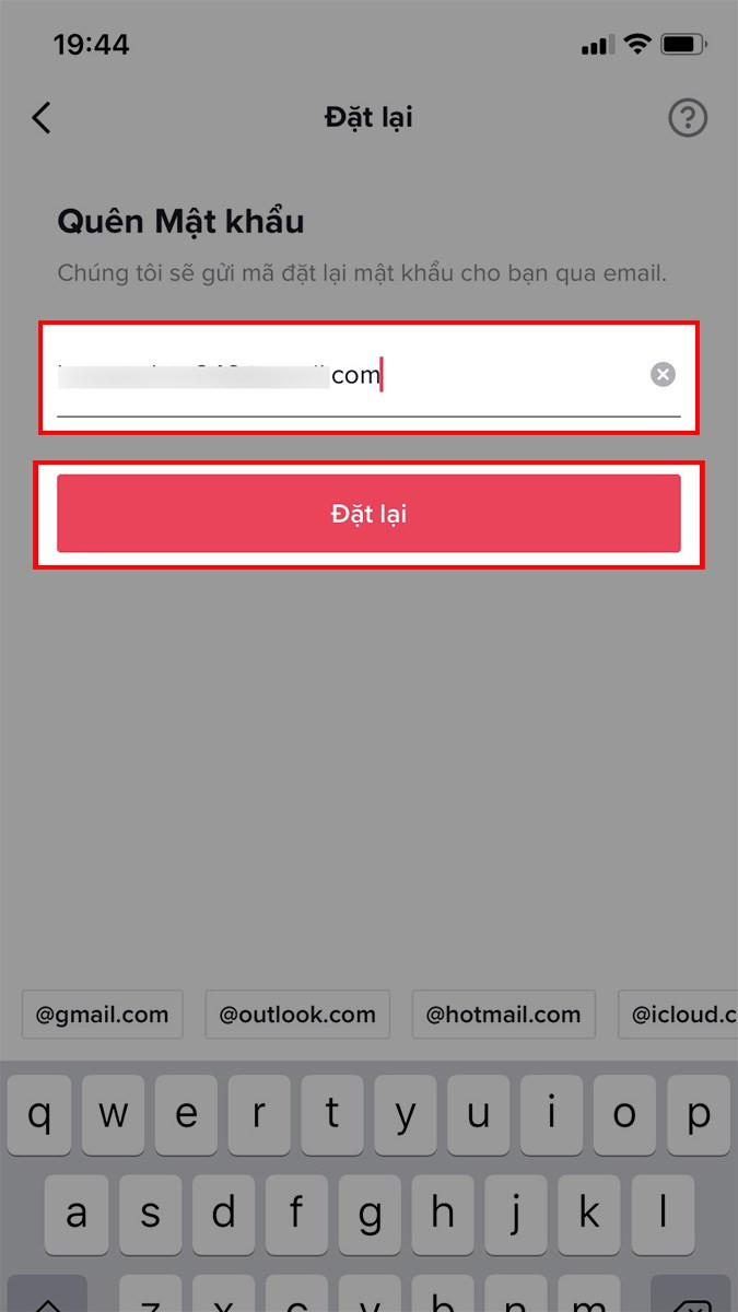 Nhập Email đã đăng ký TikTok > Chọn Đặt lại