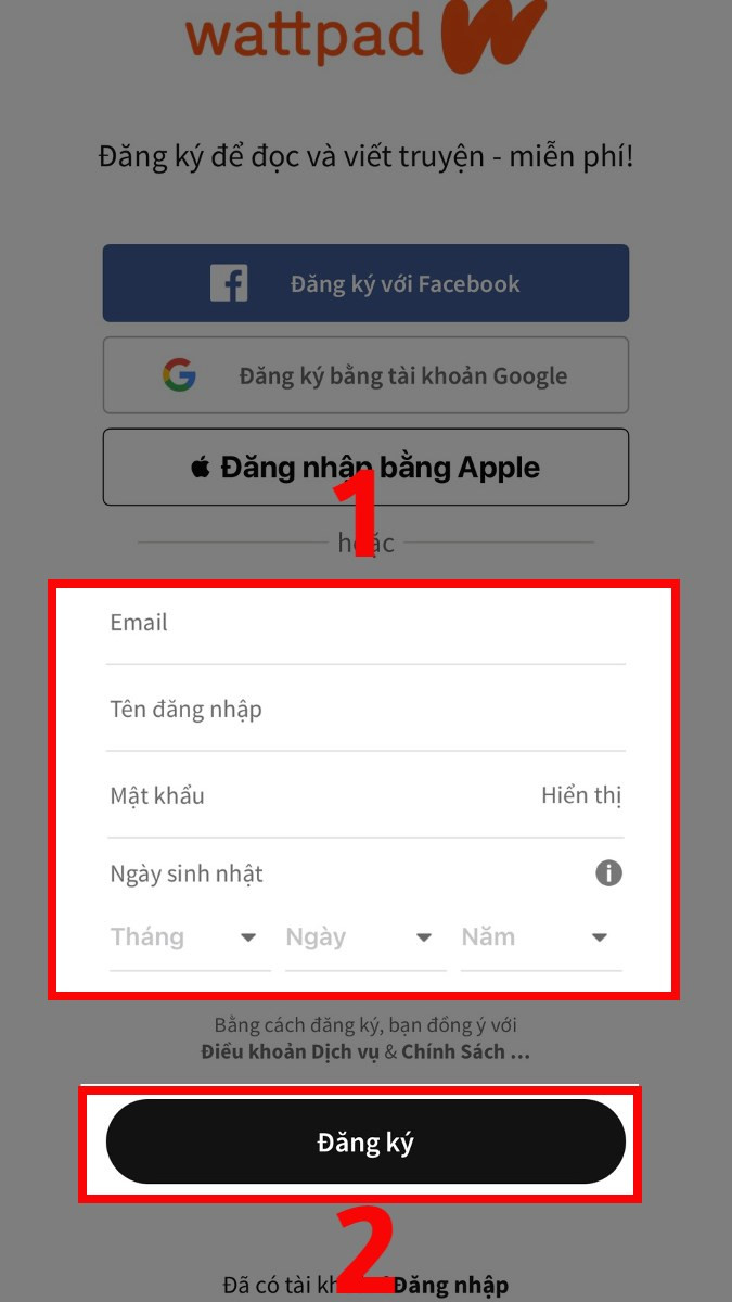 Nhập email, tên đăng nhập, mật khẩu, ngày sinh và nhấn nút Đăng ký 