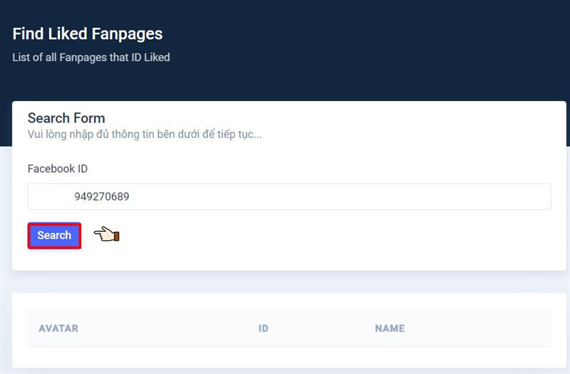 Nhập ID người dùng Facebook , Nhấn Search