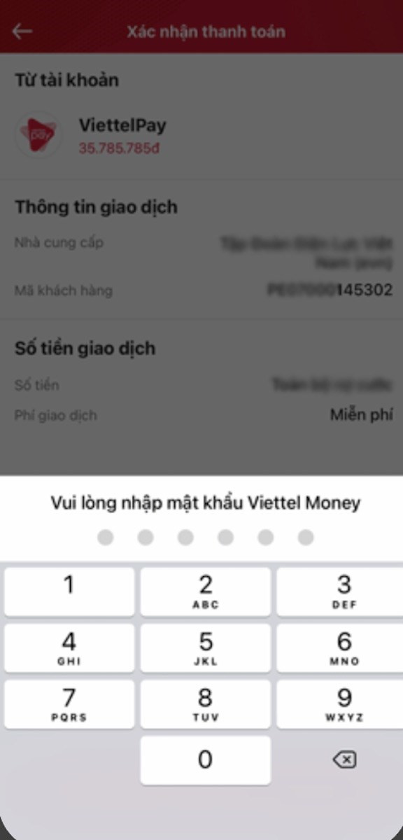 Nhập mật khẩu Viettel Money và OTP để xác nhận giao dịch