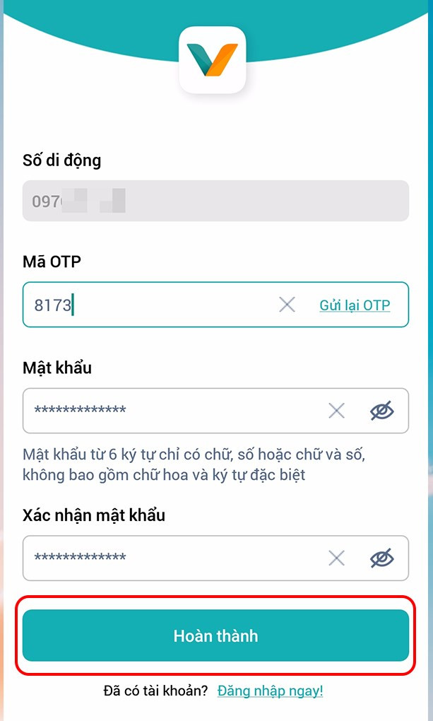 Nhập OTP và đặt mật khẩu My Viettel