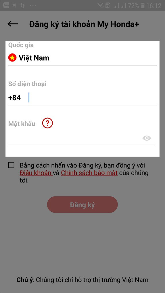 Nhập số điện thoại đăng ký My Honda+