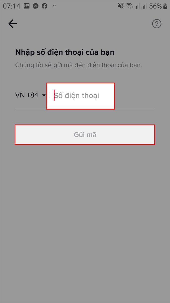 Nhập số điện thoại > Gửi mã