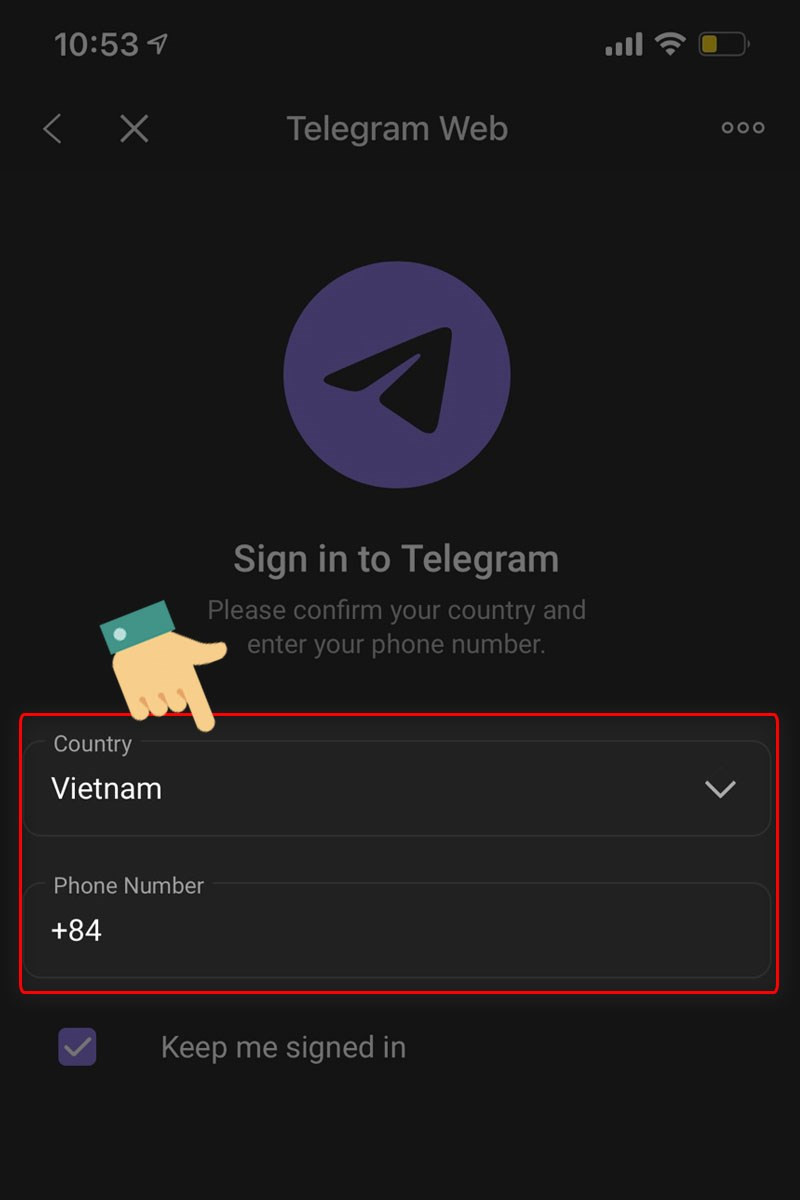 Nhập số điện thoại trên Telegram Web