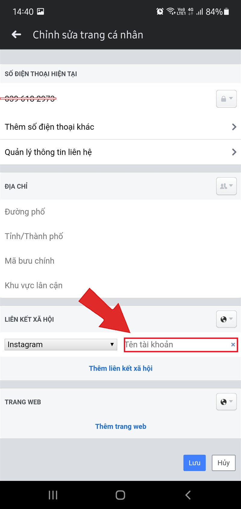 Nhập tên tài khoản mạng xã hội