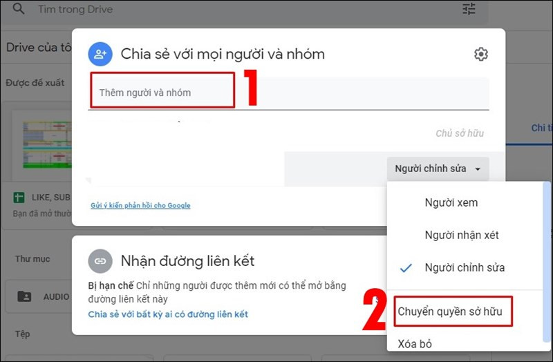 Nhập t&ecirc;n t&agrave;i khoản Google sau đ&oacute; chọn Chuyển quyền sở hữu