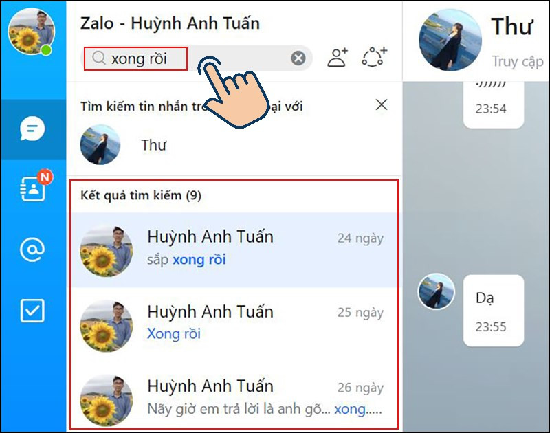 Nhập từ kho&aacute; tin nhắn cũ muốn t&igrave;m sau đ&oacute; k&eacute;o t&igrave;m những tin nhắn cũ chứa từ kho&aacute;.