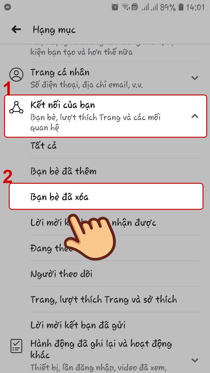 Ở mục K&ecirc;́t n&ocirc;́i của bạn, chọn Bạn bè đã xóa