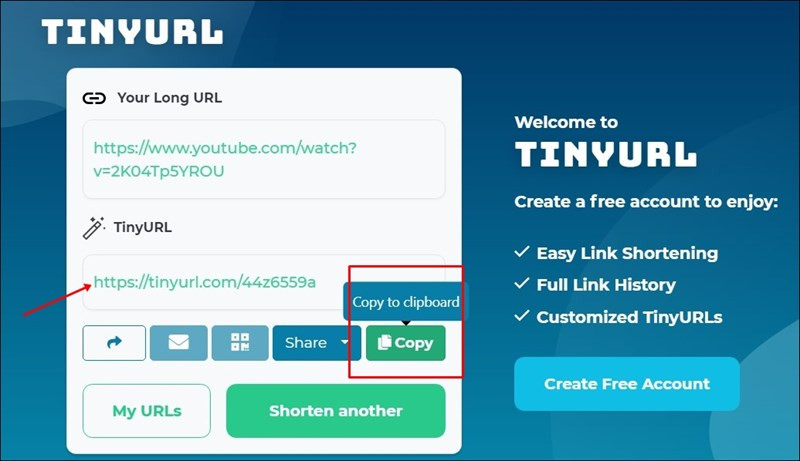 Sao chép link rút gọn từ TinyURL