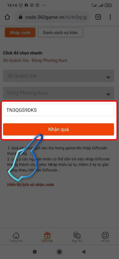 Sau khi nhập Gifcode nhấn chọn Nhận quà.