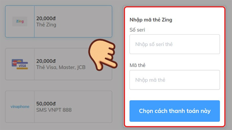 Thanh to&aacute;n bằng thẻ Zing 