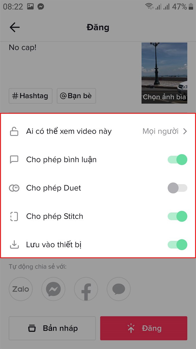 Thêm mô tả, hashtag và tùy chỉnh quyền riêng tư