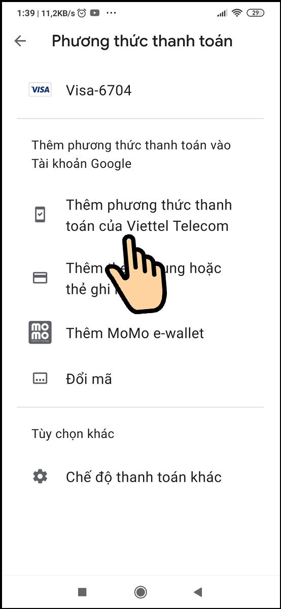 Thêm phương thức thanh toán Viettel