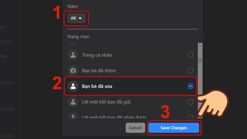 Tích vào &ocirc; Bạn bè đã xóa và nh&acirc;́n Save changes