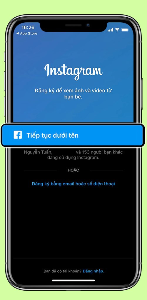 Tiếp tục với tài khoản facebook.