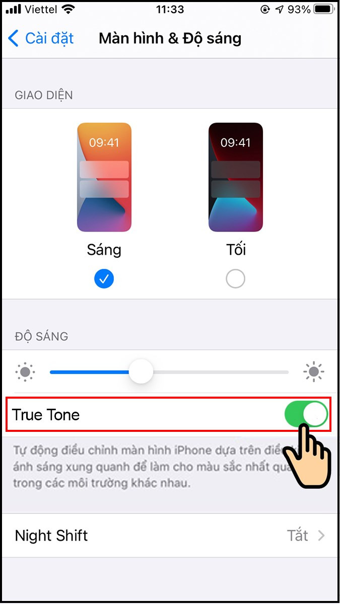 Tìm đến True Tone bật bằng cách gạt thanh ngang sang trái