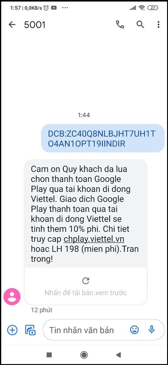 Tin nhắn xác nhận thành công