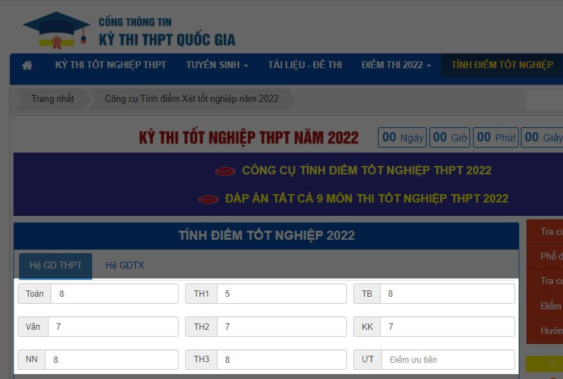 Tính điểm thi tốt nghiệp THPT online