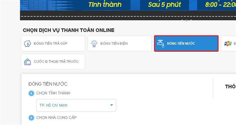 Truy cập vào link thanh toán hóa đơn tiền nước của Thế Giới Di Động và chọn đóng tiền nước