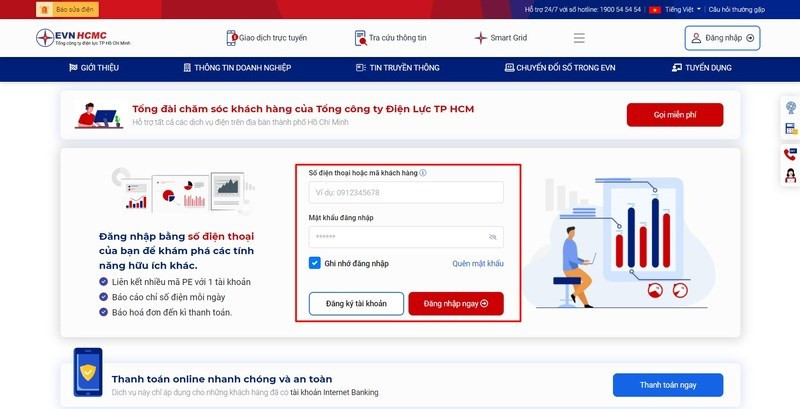 Truy cập vào trang web CSKH của EVN và đăng nhập bằng SĐT