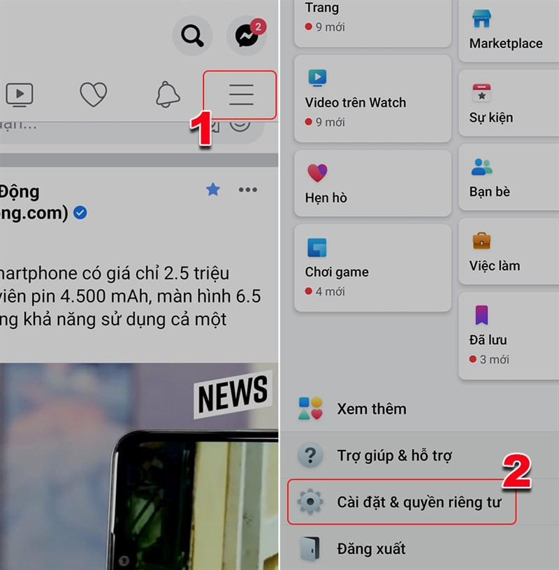 Vào cài đặt Facebook trên điện thoại