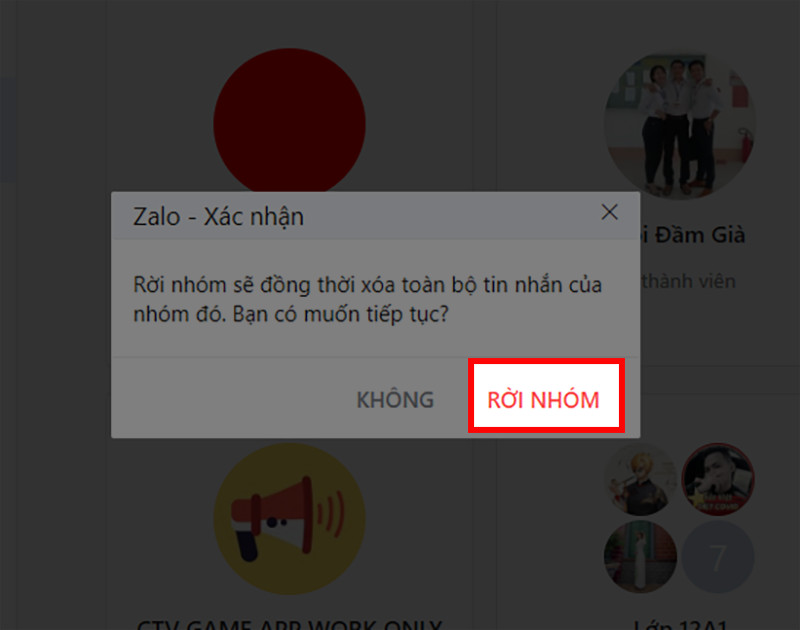 Xác nhận rời nhóm Zalo trên máy tính