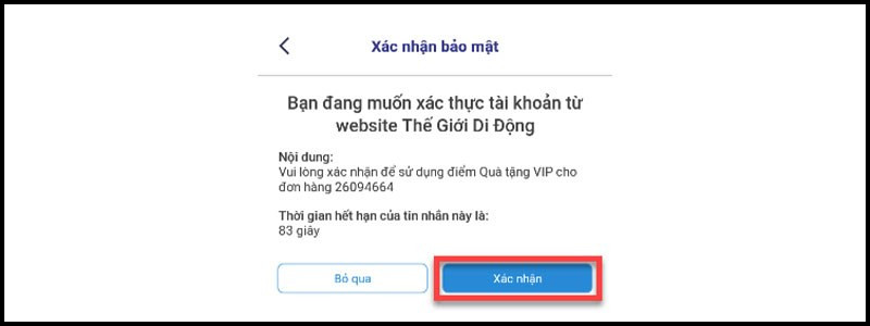 Xác nhận trên ứng dụng