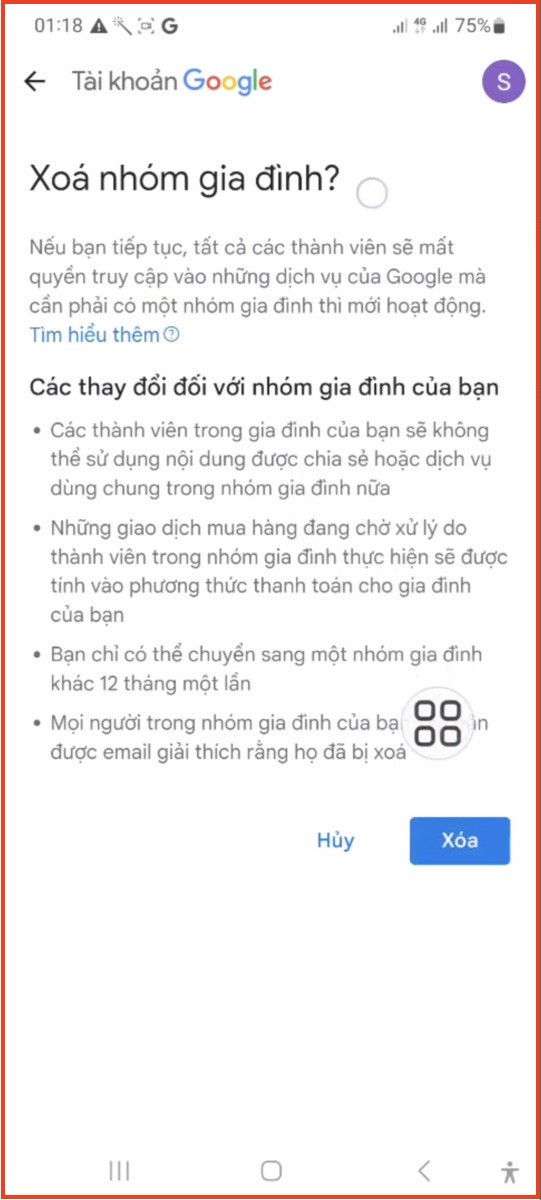 Xác nhận xoá nhóm gia đình