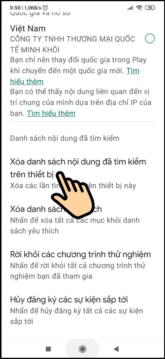 Xóa danh sách tìm kiếm CH Play