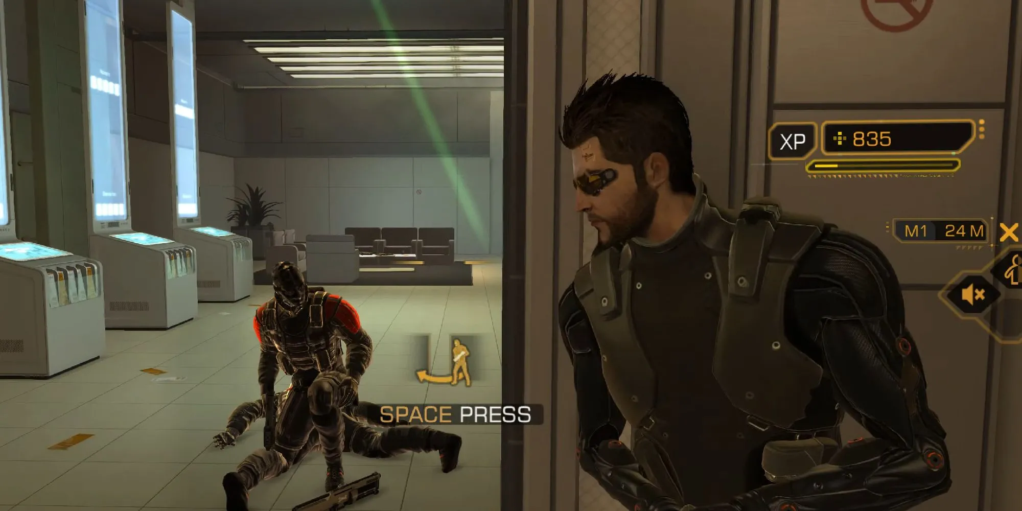 Adam Jensen nhìn ra thành phố Detroit tương lai trong Deus Ex Human Revolution