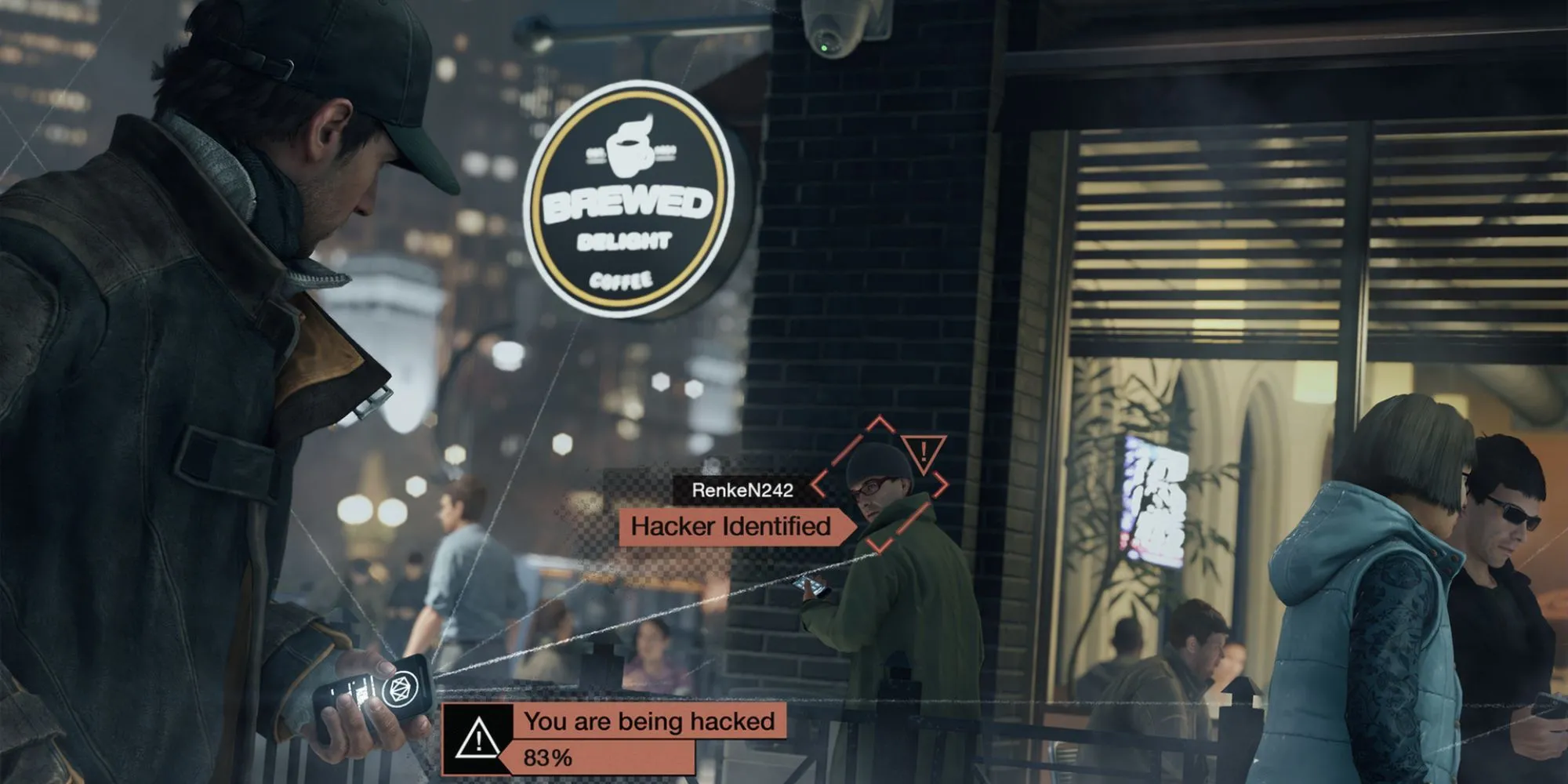 Aiden Pearce đứng nhìn thành phố Chicago về đêm trong Watch Dogs