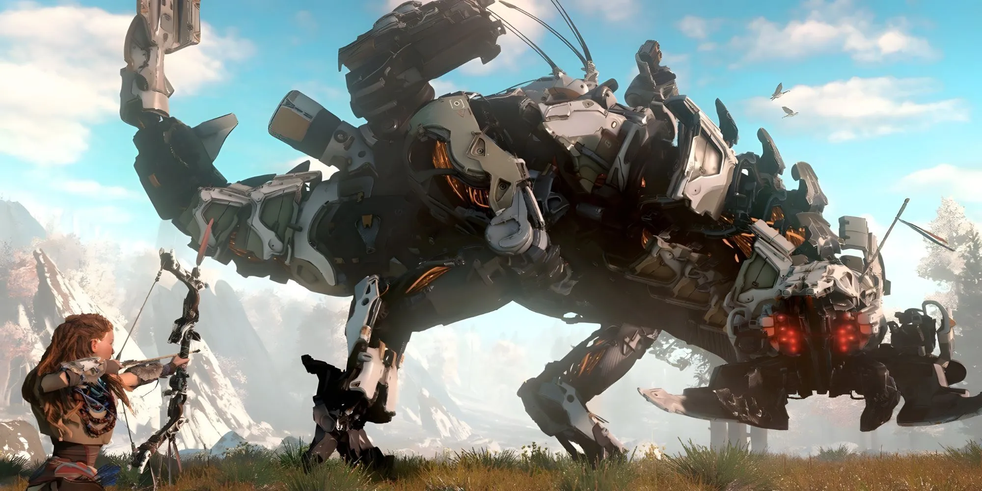 Aloy chiến đấu với một con Thunderjaw trong Horizon Zero Dawn