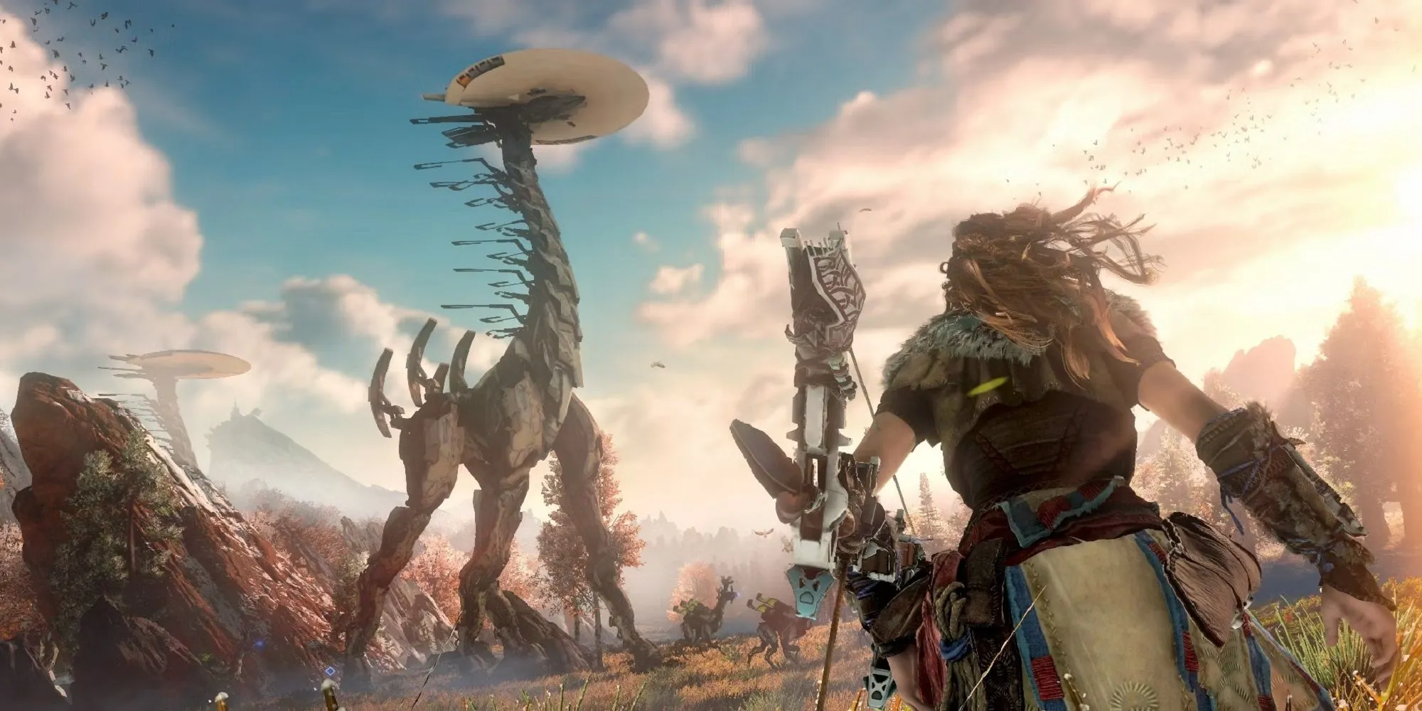 Aloy với cây cung nhìn lên một Tallneck trong Horizon Zero Dawn