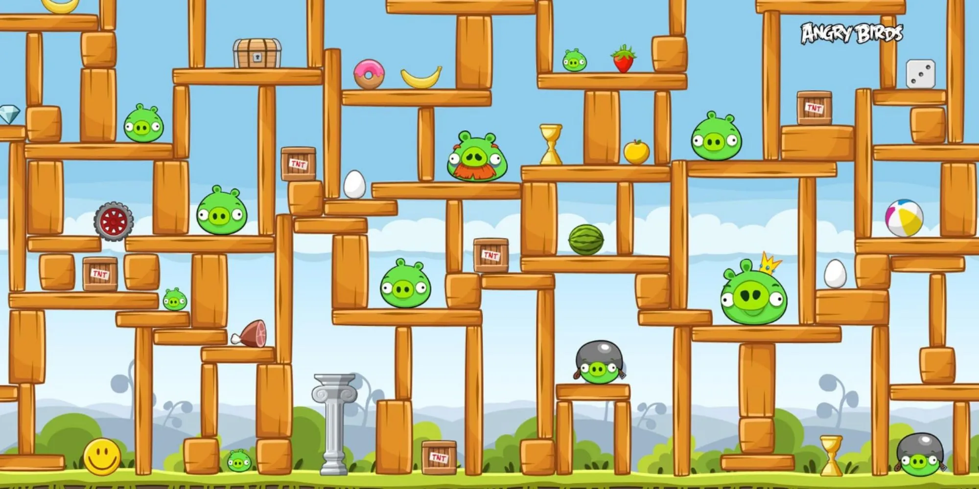 Ảnh chụp màn hình Angry Birds, cảnh chú chim đỏ đang chuẩn bị được bắn từ súng cao su