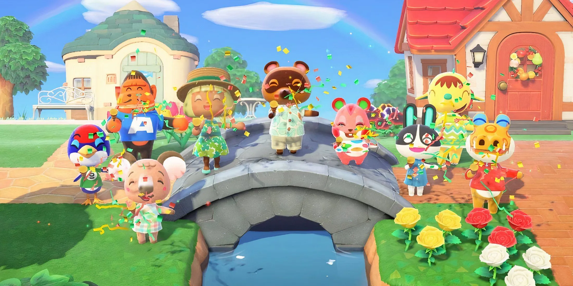 Ảnh chụp màn hình Animal Crossing New Horizons, cảnh một nhóm nhân vật đứng trên cầu