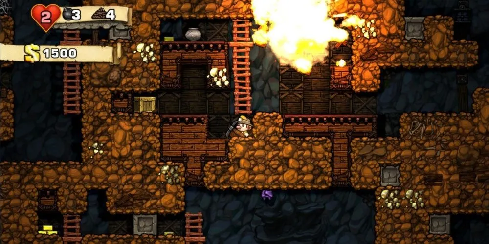 Ảnh chụp màn hình gameplay của Spelunky với nhân vật đang khám phá hang động