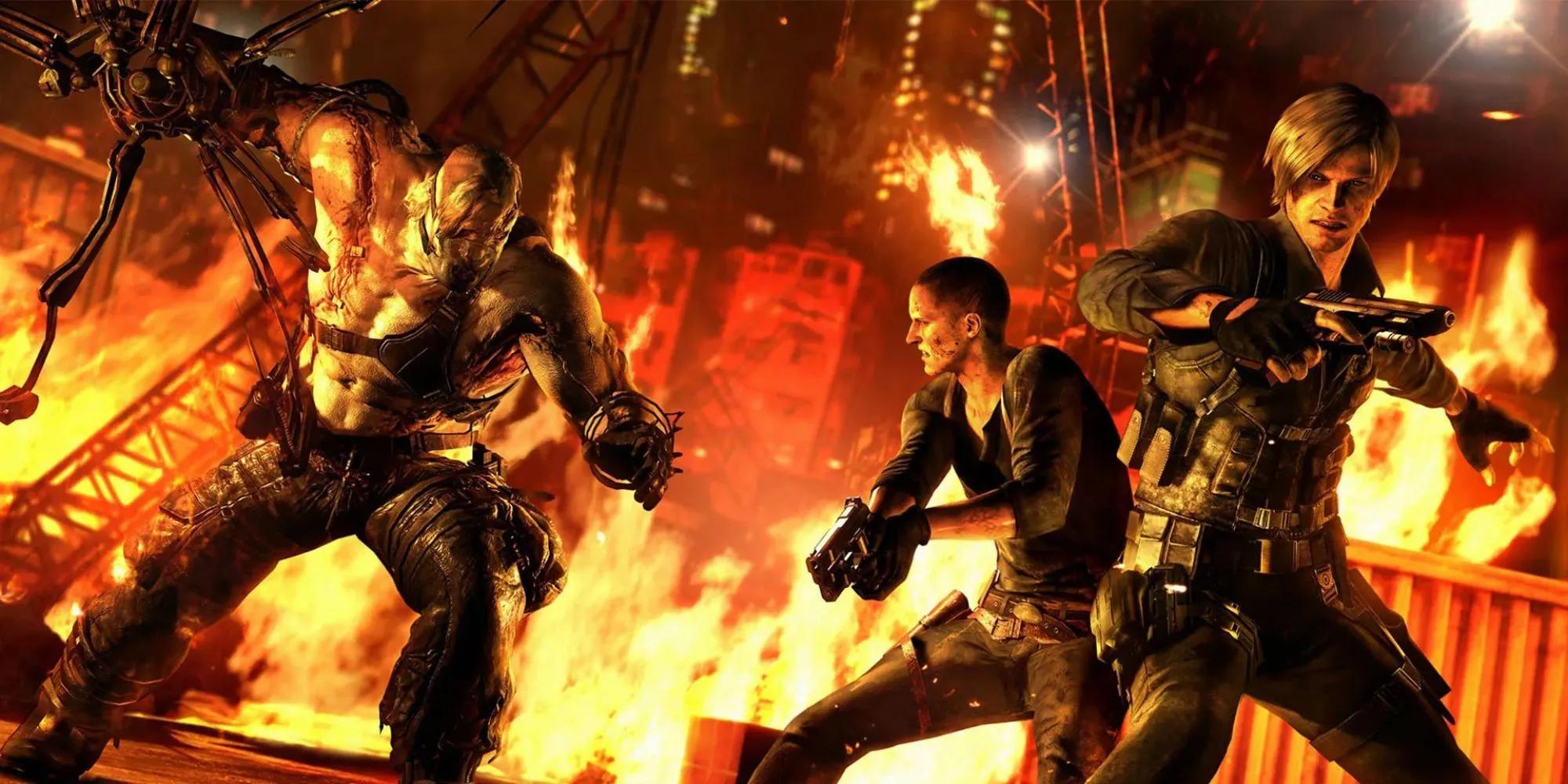 Ảnh chụp màn hình một cảnh hành động trong Resident Evil 6 với nhiều nhân vật và quái vật