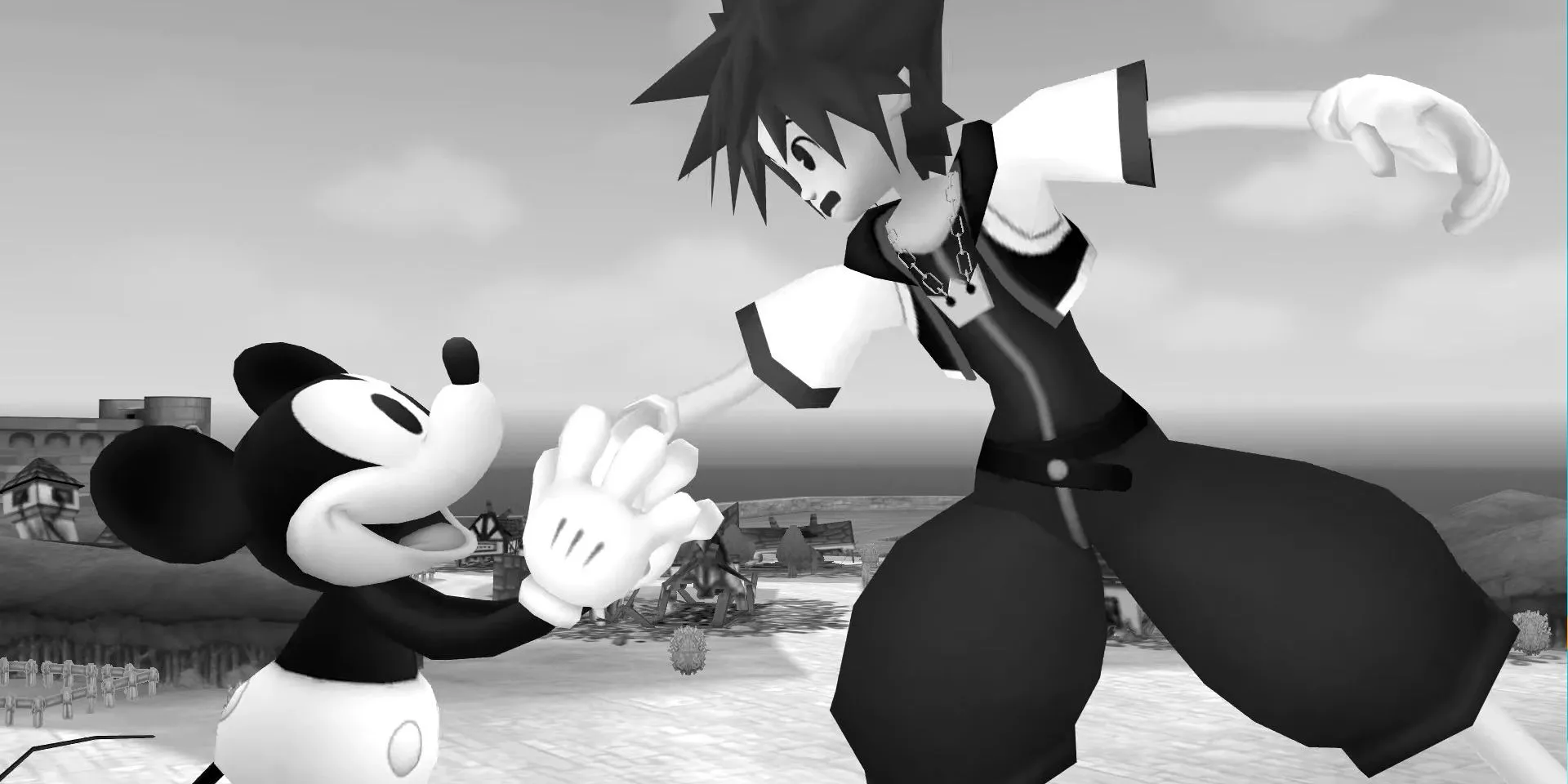 Ảnh chụp màn hình từ Kingdom Hearts 2, cho thấy Mickey đứng cạnh Sora, Donald, và Goofy trong thế giới Timeless River