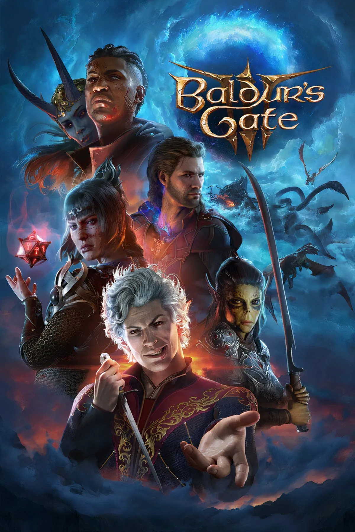 Ảnh ghép các nhân vật nổi bật và logo của tựa game Baldur's Gate 3
