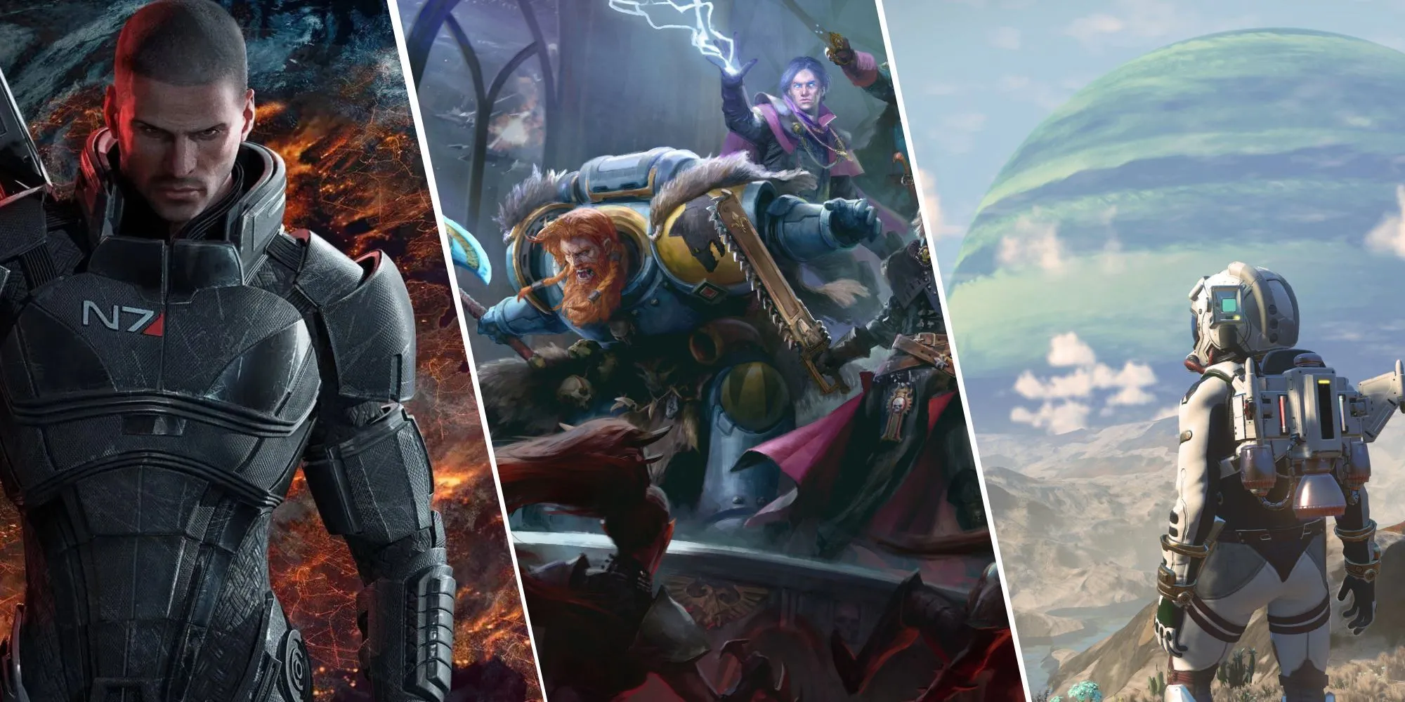 Ảnh tổng hợp các tựa game nhập vai không gian nổi bật như Mass Effect, Warhammer 40k và No Man's Sky